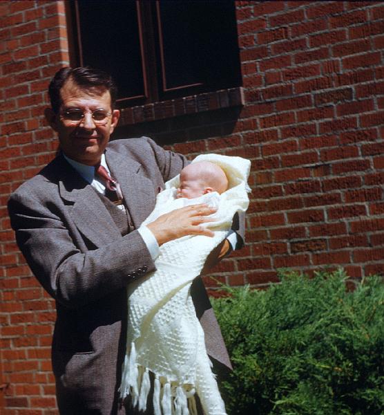 0120-Dick Lyles, Richard baptism.jpg - Dick Lyles holding Richard.  Baptism day, Grace Lutheran Church, Birch and 14th, Denver. 3 September 1950